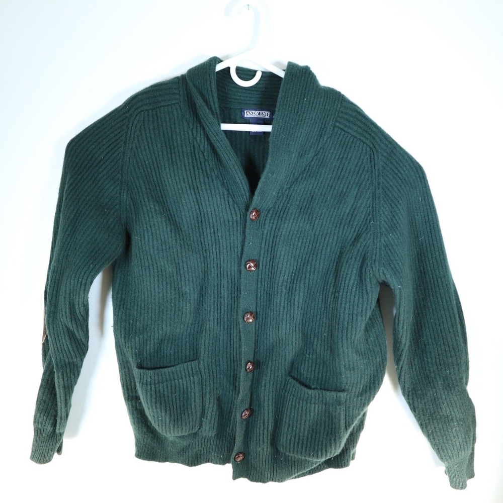 Lands End Cardigan Sweater Green Large Vintage Wool Elbow Patch Mens Shaw Collar